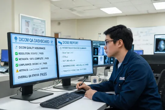 Biomedical engineer reviewing imaging QA
